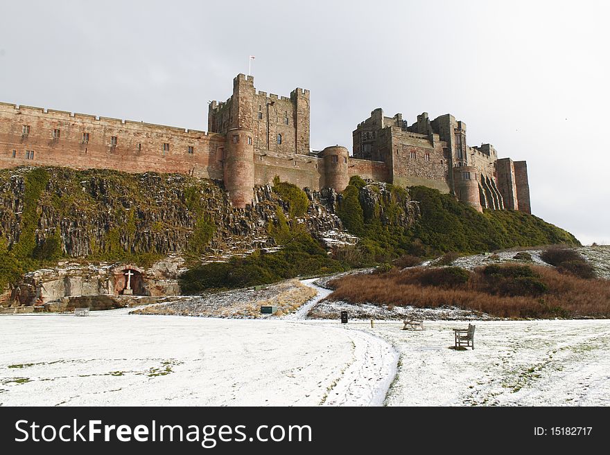 Bamburgh Castle, Northumberland after a moderate night of snowfall