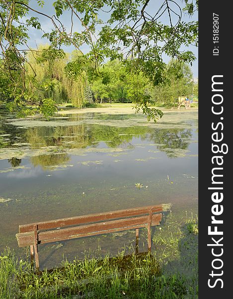 Water bench, flood river Warta. Water bench, flood river Warta