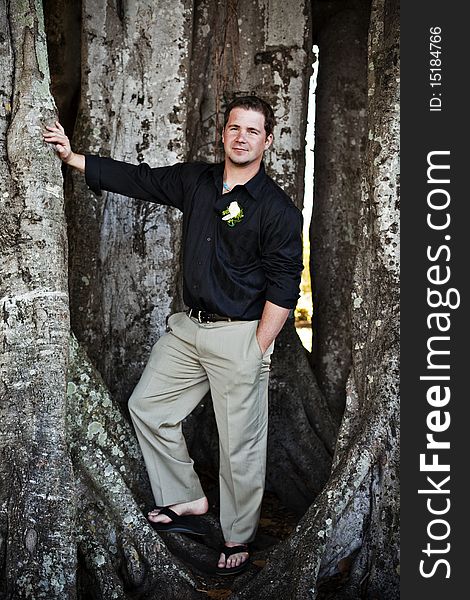 A handsome groom on his wedding day standing near a tree. A handsome groom on his wedding day standing near a tree.