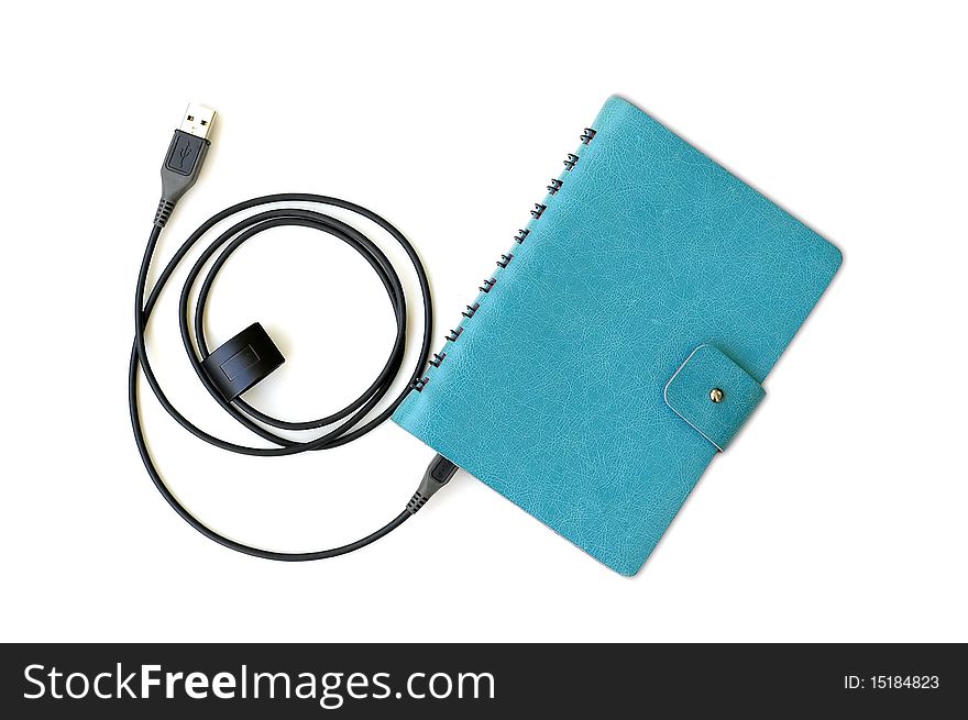 Blue notebook with usb cable