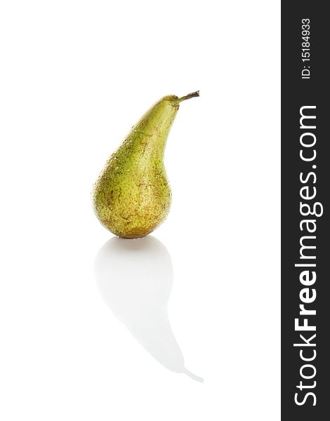 Pear, shot on a white background. It has water droplets and is a frontal view.