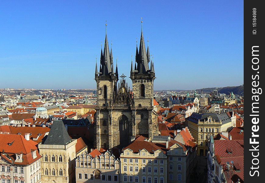 View of the capital Prague and the Church of Our Lady Tyn