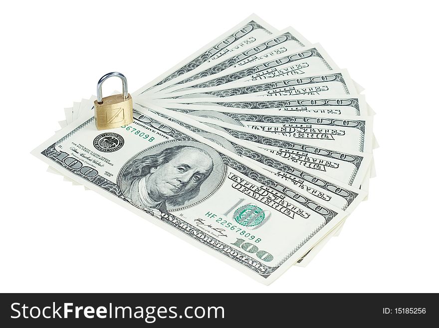 Money dollars and lock isolated on white background. Money dollars and lock isolated on white background