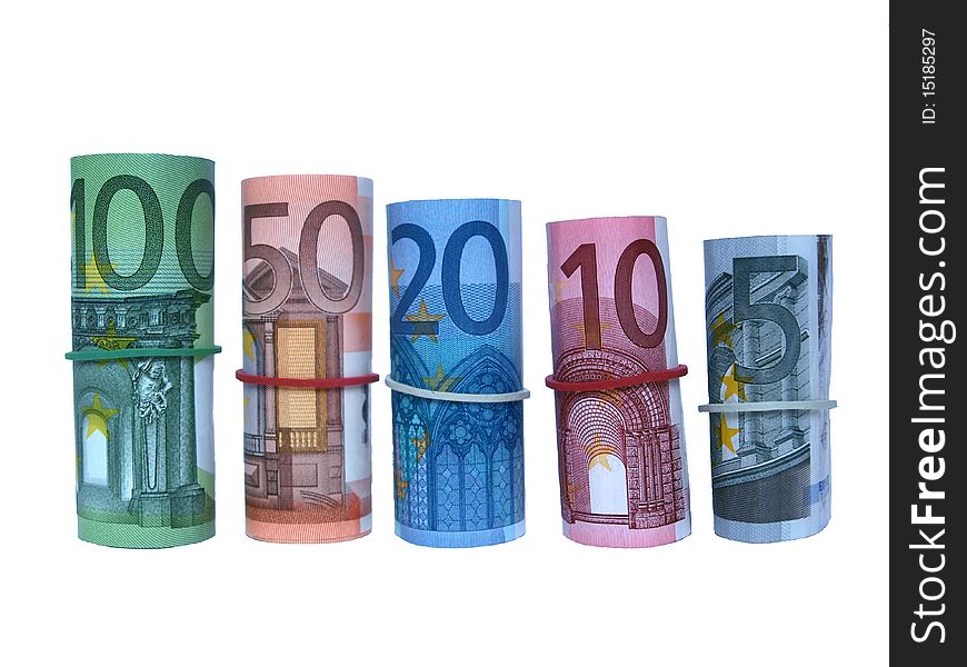 Euro banknotes on a white background