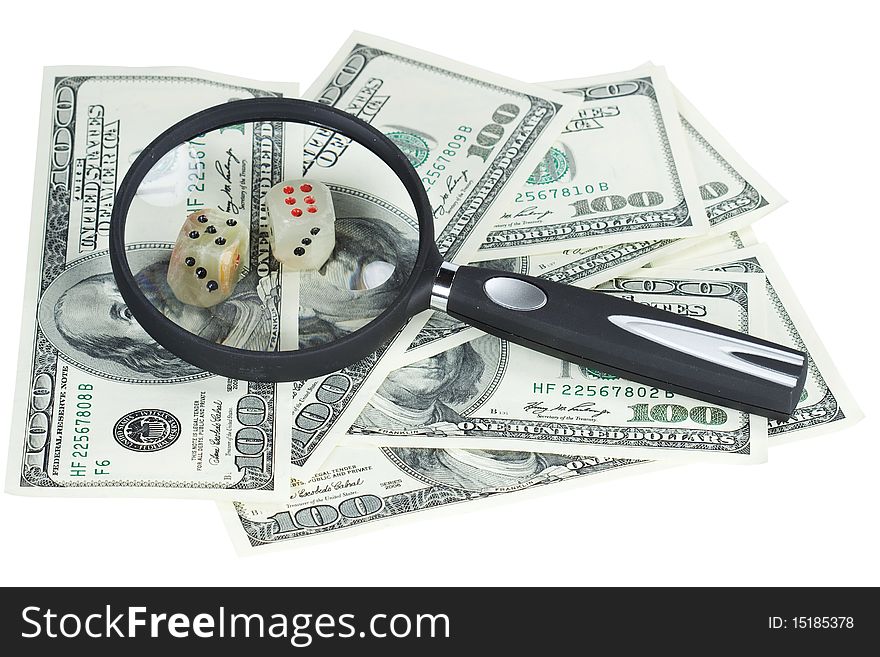 Money U.S. dollars, magnifying glass and lock isolated on white background