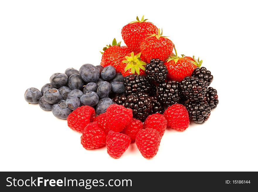Strawberry blueberry raspberry and blackberries on white background. Strawberry blueberry raspberry and blackberries on white background