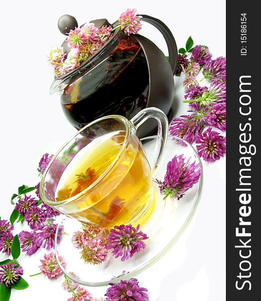 Herbal floral tea with clover flowers summer drink. Herbal floral tea with clover flowers summer drink
