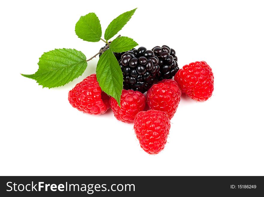 Blackberry and raspberries in a pile with leaf