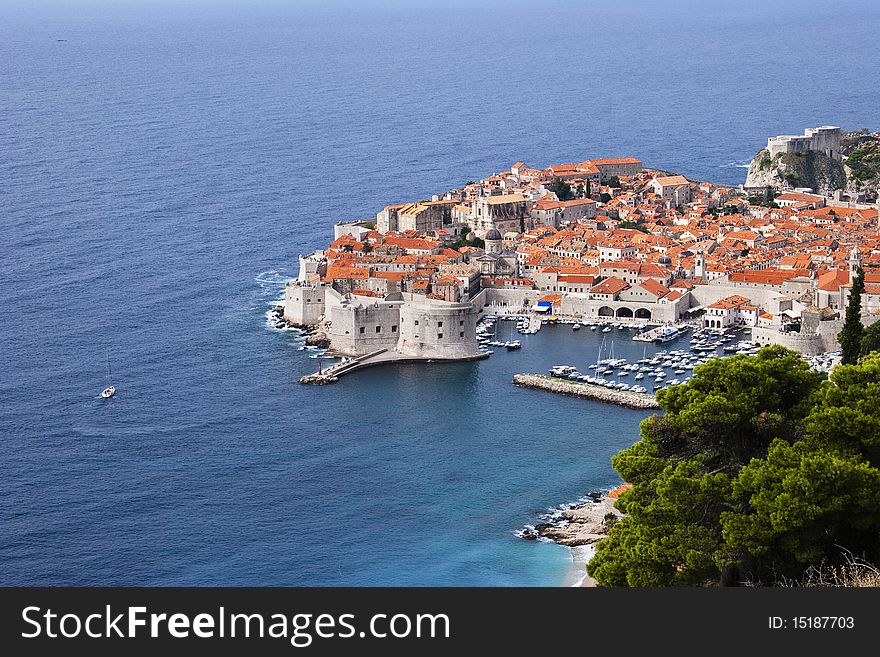 Top view of Dubrovnik old town and internal sea bay made from outside mountain road, Croatia