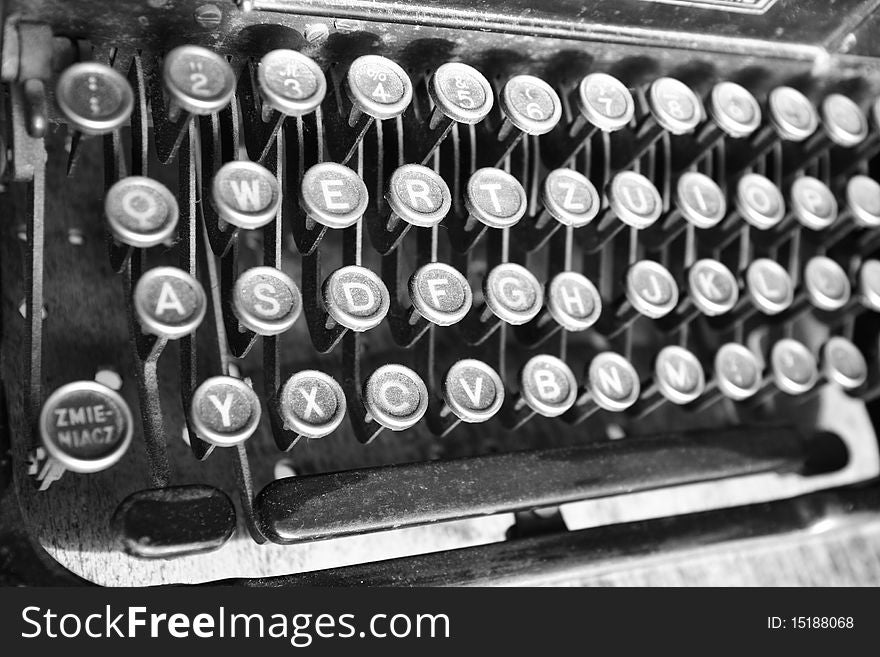 Keyboard of a vintage typewriter in close up