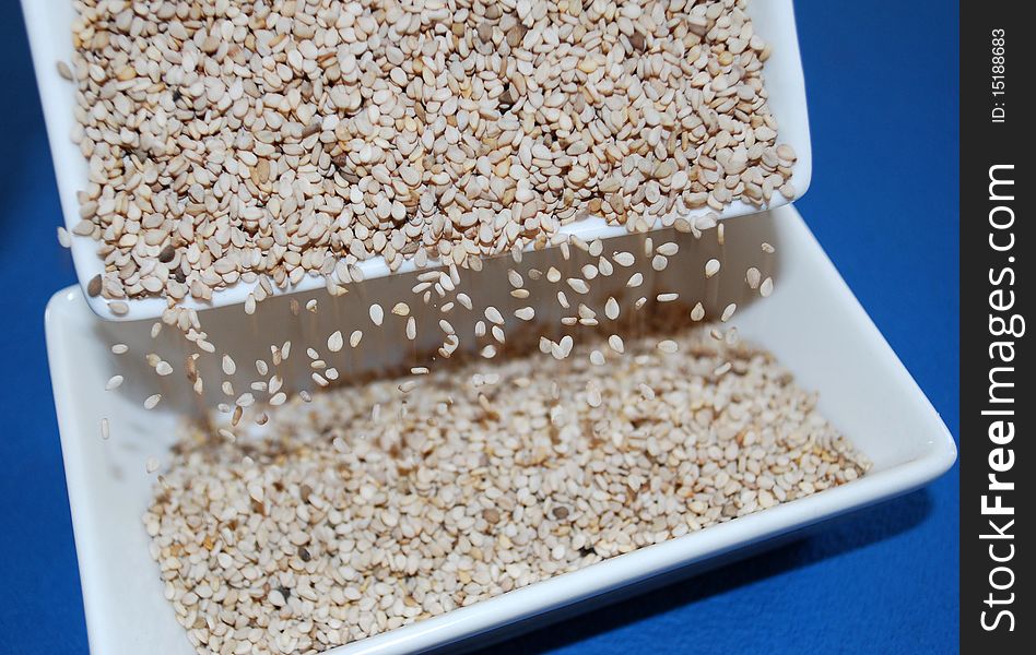 White sesame seeds. Sesame seeds are believed to be one of the first condiments as well as one of the first plants to be used for edible oil.