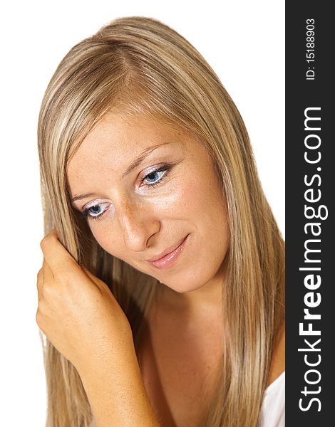 Young adult caucasian blond tan woman portrait on white background