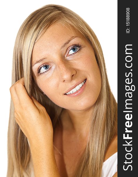Young adult caucasian blond tan woman portrait on white background