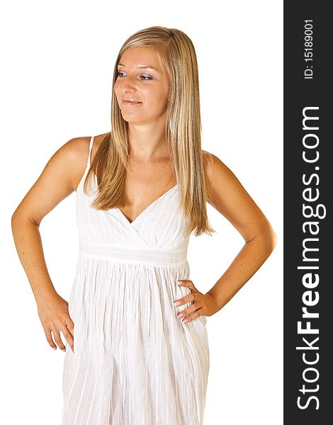 Tan blond caucasian woman in white dress isolated