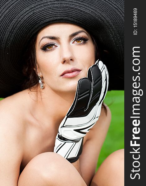 Elegant woman with Football Goalkeeper Glove. Elegant woman with Football Goalkeeper Glove