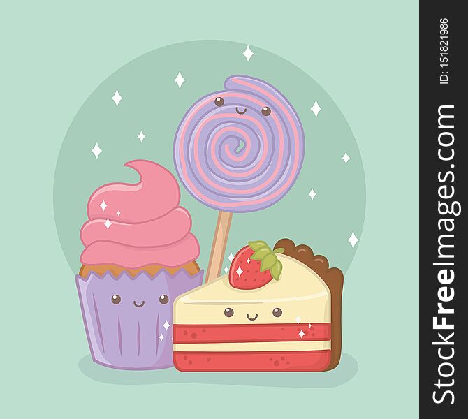 Delicious and sweet cupcake and products kawaii characters vector illustration