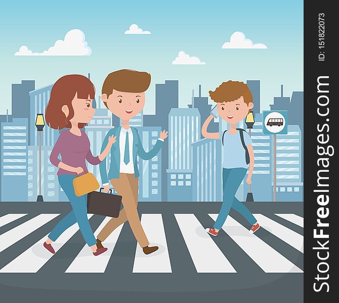 Young people walking in the street characters vector illustration design
