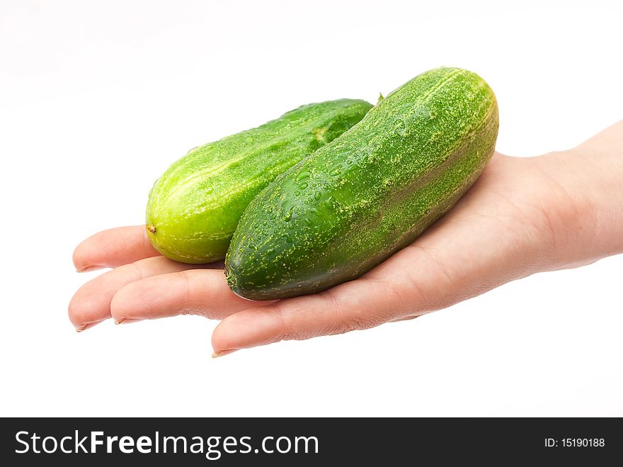 Green two cucumbers on hand.