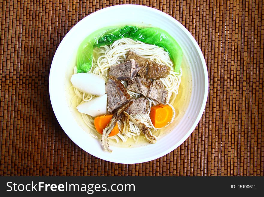 Beef noodles .Chinese food in a restaurant.