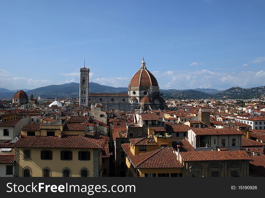 An aerial photo of Florence Italy (Tuscany) with the great dome of the Duomo cathedral in clear view. An aerial photo of Florence Italy (Tuscany) with the great dome of the Duomo cathedral in clear view