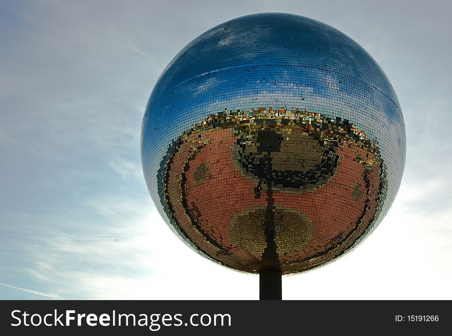 Huge sphere of mirror tiles, Blackpool, England. Huge sphere of mirror tiles, Blackpool, England