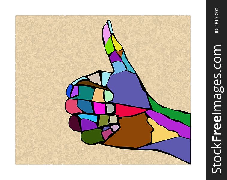 The illustrated hand from splinters of multicolored stones