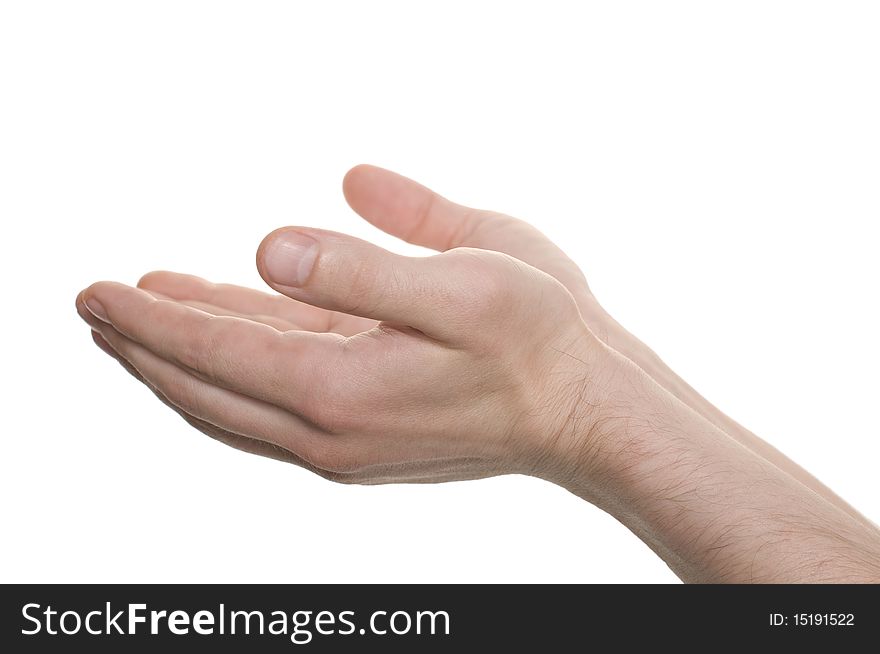 Well shaped businessman hand reaching for something isolated on white