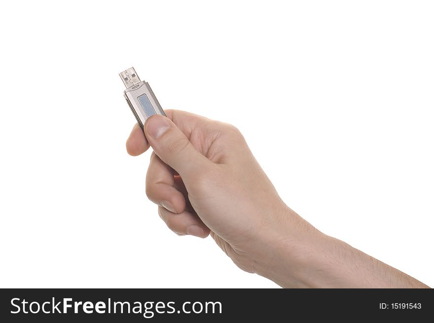 Well shaped hand with an USB flash isolated over white