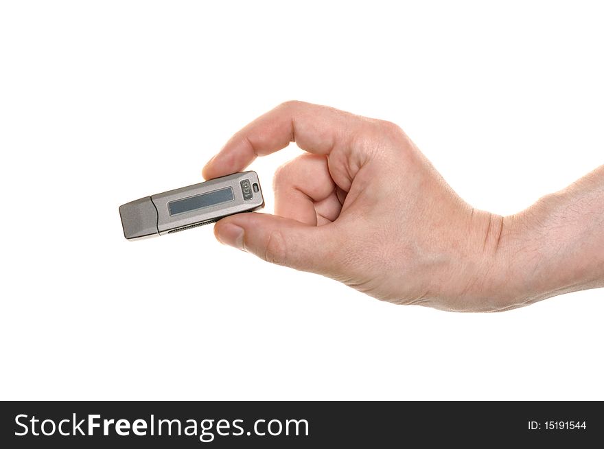 Hand with a USB flash isolated over white. Hand with a USB flash isolated over white