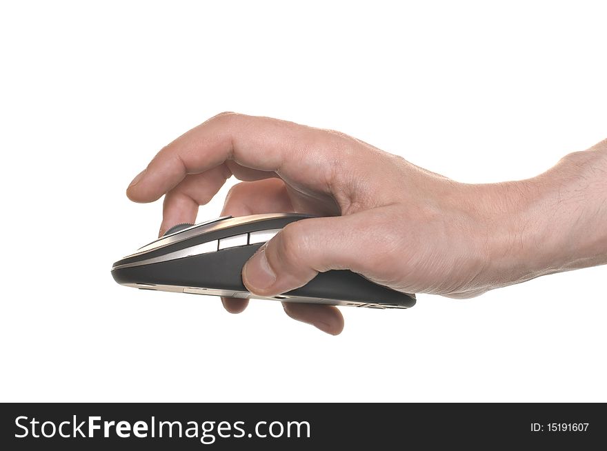 Businessman's hand working on computer mouse isolated over white