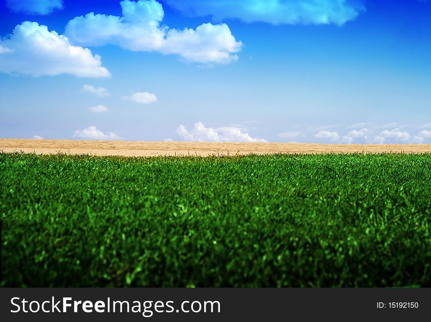Leveled photo of green grass, yellow sand, and blue sky. Leveled photo of green grass, yellow sand, and blue sky