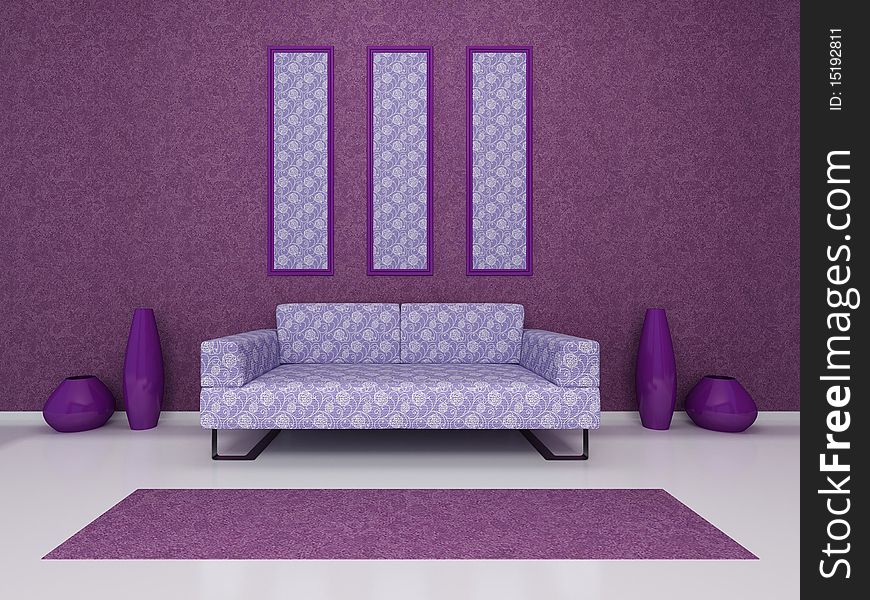 Violet sofa stand against the wall.