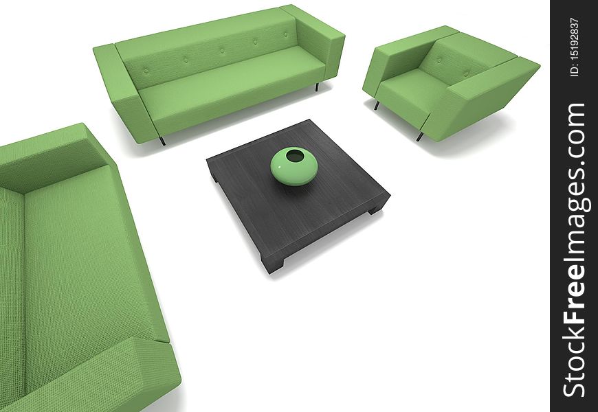 Green sofa and chairs on white background.