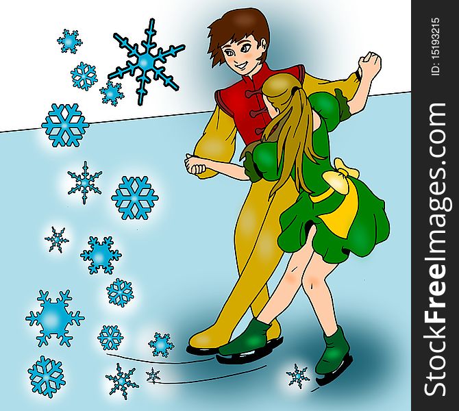 Illustration shows two dancers who skate and dance on ice. Illustration shows two dancers who skate and dance on ice.