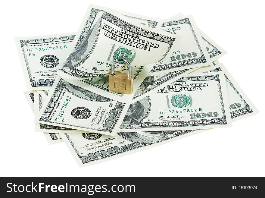 Money dollars and lock isolated on white background