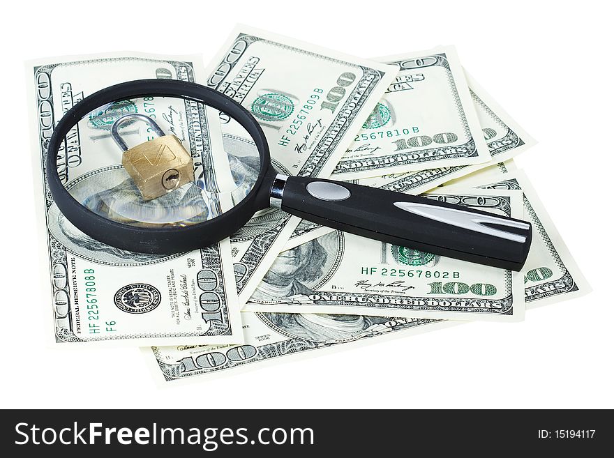 Money U.S. dollars, magnifying glass and lock isolated on white background