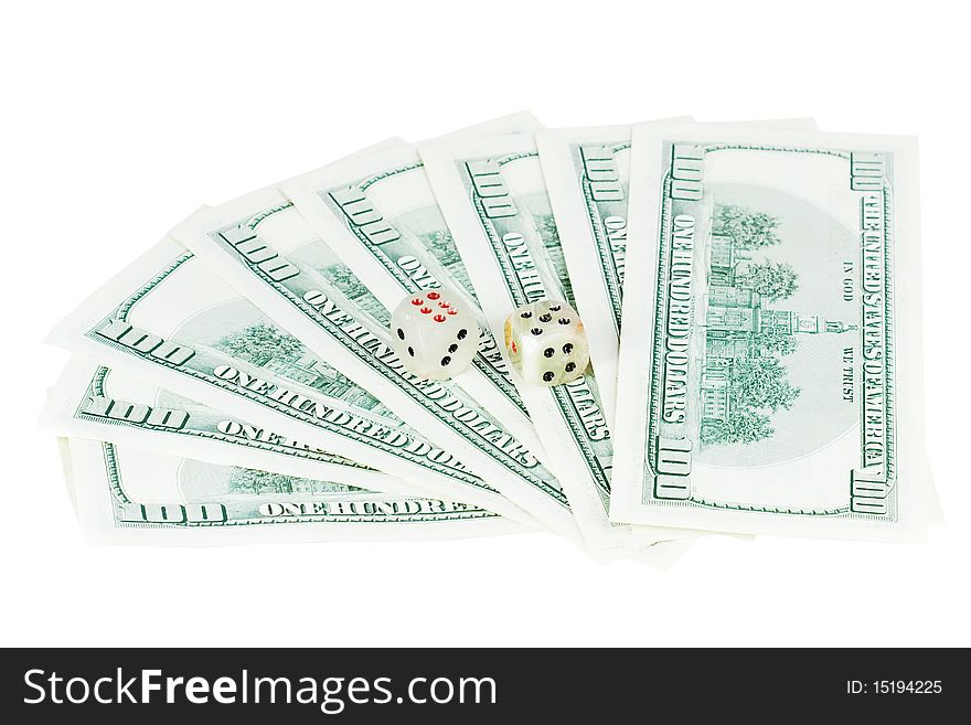 Money Dollars and jade dice isolated on a white background. Money Dollars and jade dice isolated on a white background