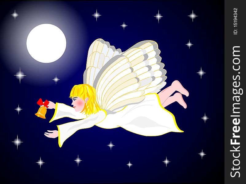 Night angel with bell on star background