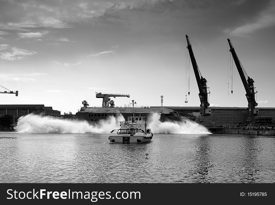 Launching a side newly built ship in the Gdansk Shipyard