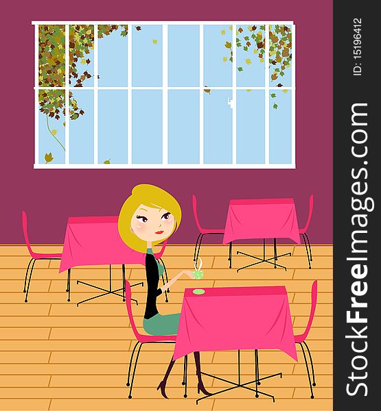 Illustration of a pretty girl on coffee time