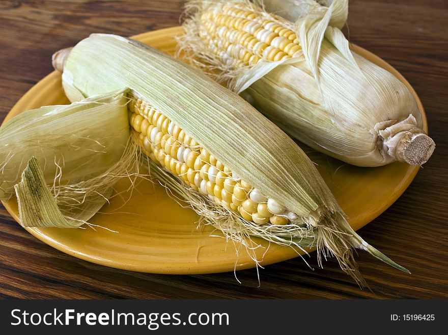 Two ears of corn in their husks on a yellow plate and table. Two ears of corn in their husks on a yellow plate and table.