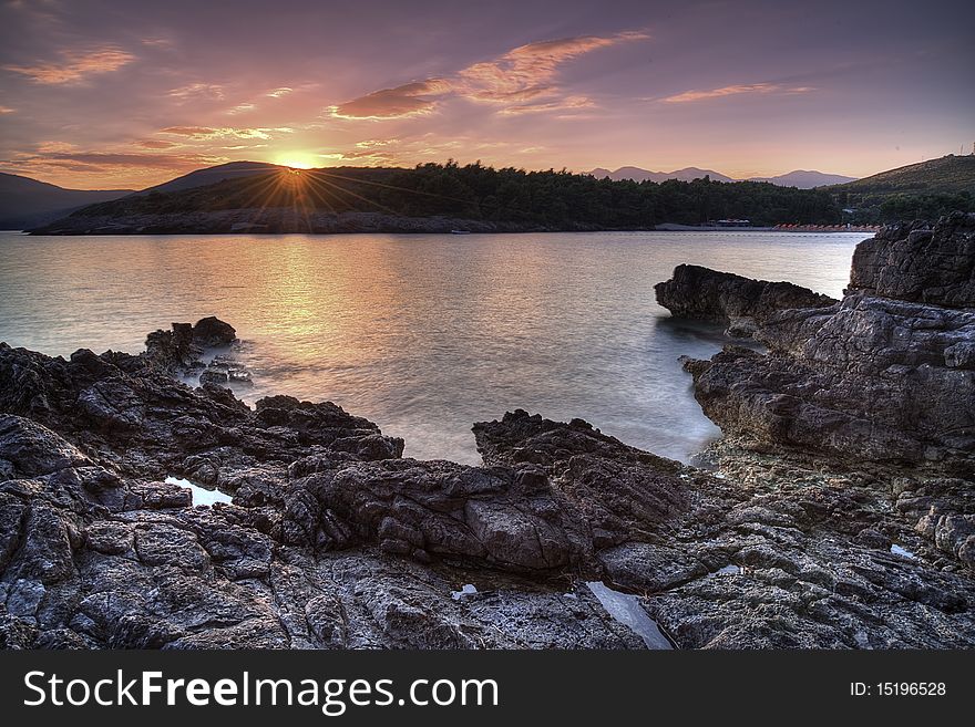 Sunset landscape at the beach in Montenegro