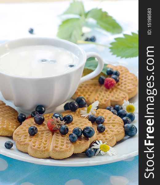 Cookies With Berries And Cup Of Milk