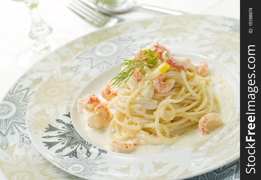 Spaghetti with shrimps for lunch