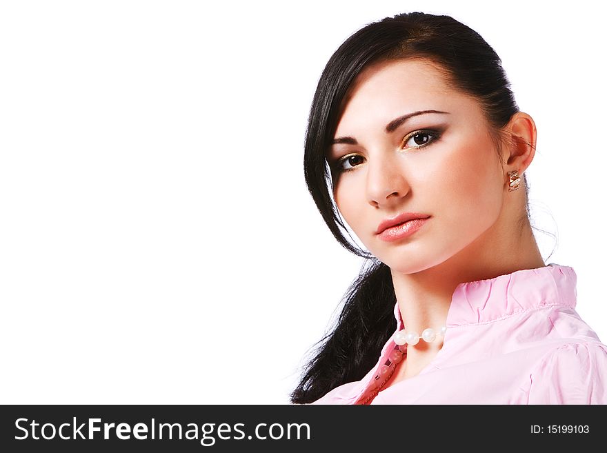 Portrait of a attractive young girl in pink blouse with papers on white background.