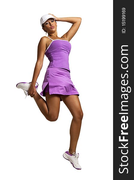 Happy young caucasian female jumping into the air