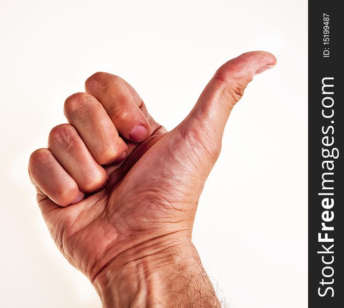 White male right hand with thumb up isolated over white background. White male right hand with thumb up isolated over white background.