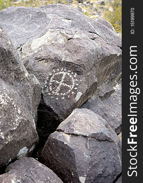 A circular petroglyph at Three Rivers Petroglyphs, NM. A circular petroglyph at Three Rivers Petroglyphs, NM.