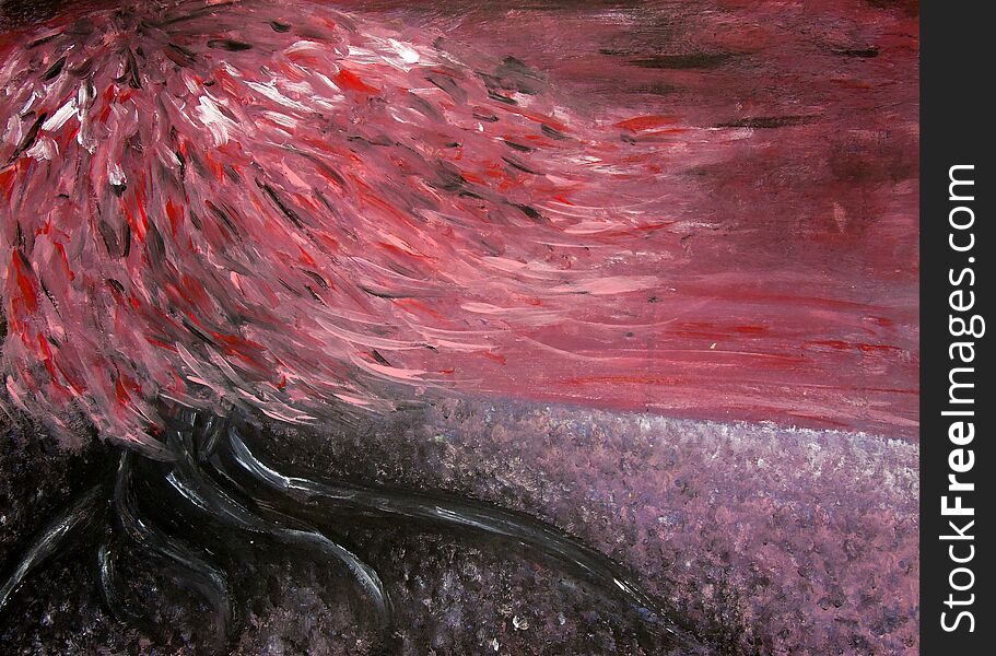 Acrylic painting of fantasy landscape with black and red weeping willow on pink meadow and red sky. Drawing of imaginary tree, concept of love, passion, broken heart, hope, danger, suffering. Acrylic painting of fantasy landscape with black and red weeping willow on pink meadow and red sky. Drawing of imaginary tree, concept of love, passion, broken heart, hope, danger, suffering.