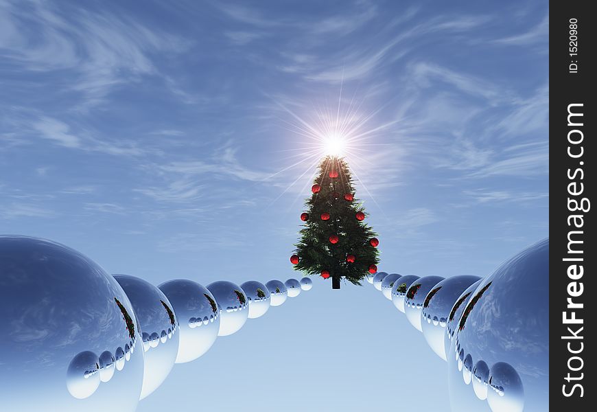 Christmas Tree in surreal sky blue with path of spheres